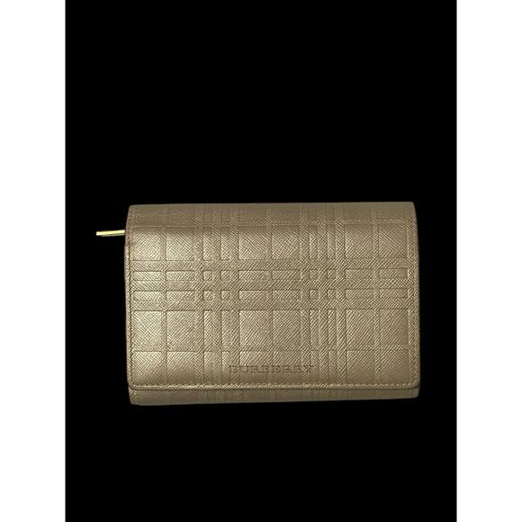 Burberry Embossed Gold Leather Shadow Check Trifold Wallet COA Pre-Owned - Picture 1 of 15